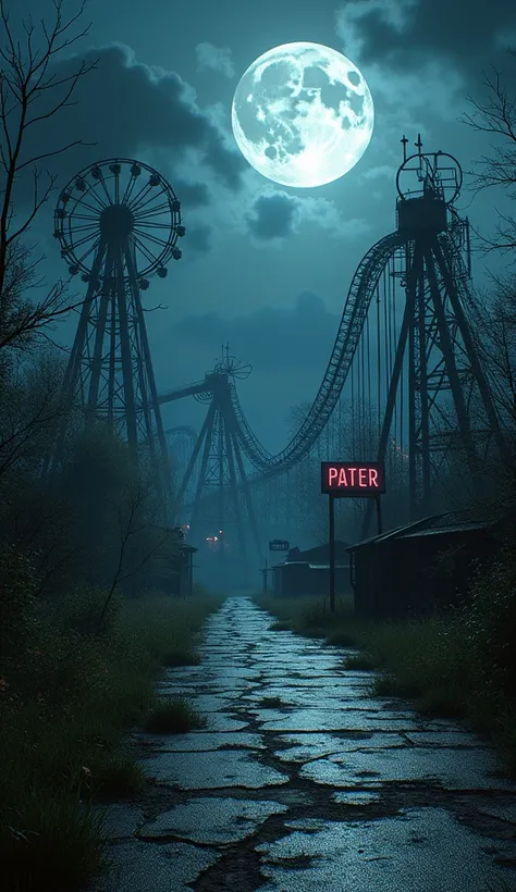 An abandoned amusement park at night