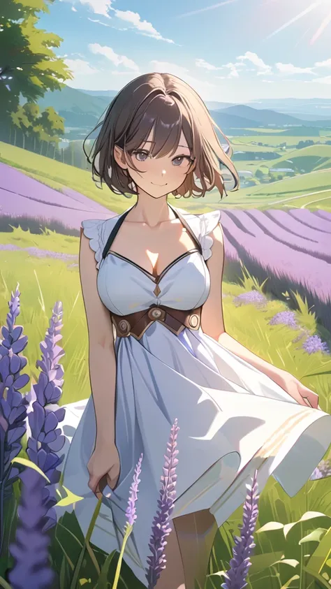 1 girl, ( cute face), ( short hair:1.2),  fantasy anime costume,  big chest,  natural smile, break,  Scenery of Biei in Hokkaido, ( bright sunlight:1.3), Lavender Flower Garden , Gentle breeze, break, Beautiful Hills ,  grass swaying in the wind , Natural ...