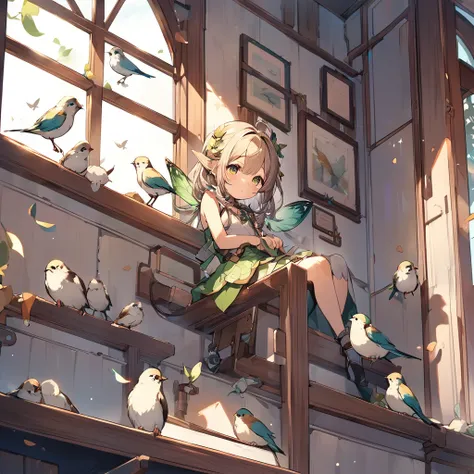 Little fairy on the windowsill among birds.