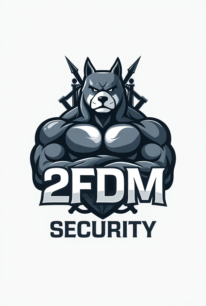 Design a professional logo for a security company named 2FDM Security. The logo should feature a creative character that blends a mans face with a serious, protective expression onto a muscular dogs body. The character should be shown with its arms folded ...