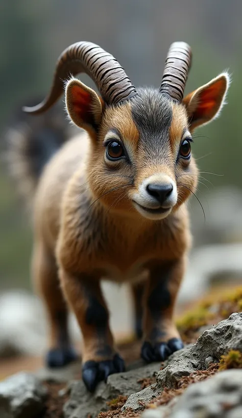 "Create an animal hybrid that combines the body of a goat with the fur and fluffy tail of a squirrel. It should have a goat’s muscular build, curved horns, and strong legs, but with the fur, small paws, and alert eyes of a squirrel. The fur is a mix of bro...