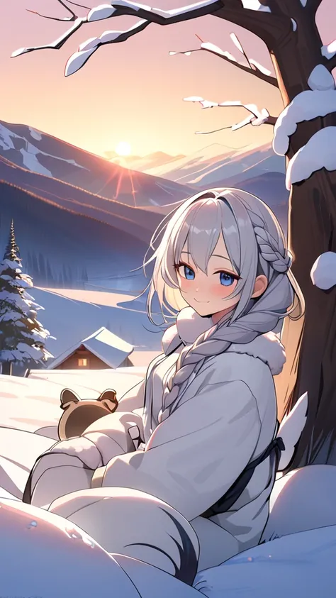 1 girl, ( cute face), (Braided Hair:1.2),  fantasy anime costume,  fur coats,  Medium Chest , smile, break, Hokkaidos Snowy Scenery , ( soft sunset :1.1),  Brilliant White Snow, cold air, break, Tree swaying in the wind々,  Snowy Mountains 々, Long-tailed Ti...