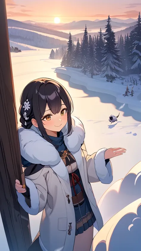 1 girl, ( cute face), (Braided Hair:1.2),  fantasy anime costume,  fur coats,  Medium Chest , smile, break, Hokkaidos Snowy Scenery , ( soft sunset :1.1),  Brilliant White Snow, cold air, break, Tree swaying in the wind々,  Snowy Mountains 々, Long-tailed Ti...