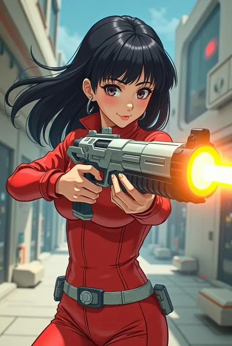 masterpiece, Best Quality, Very detailed, Japanese retro anime style, A woman with a futuristic ray gun, shooting the ray gun in a stylish pose, a ring-shaped ray of light is emitted from the ray gun,