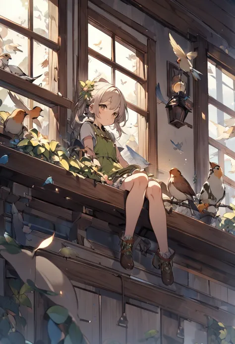 Little fairy on the windowsill among birds.