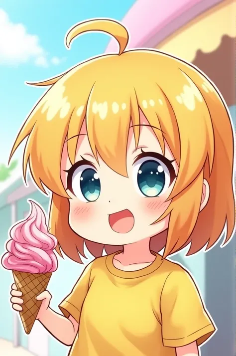 A girl  chibi with blond hair, wearing a yellow shirt, carrying an ice cream.