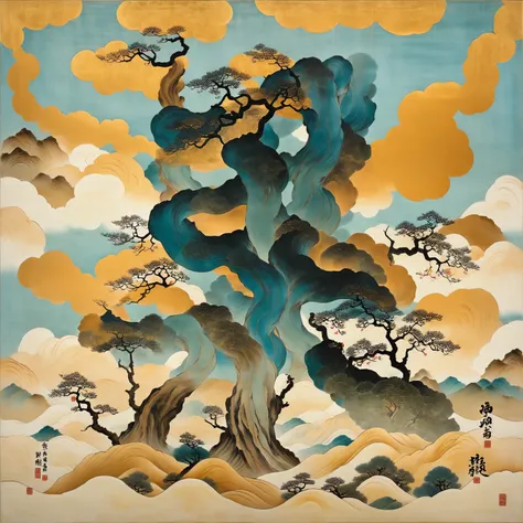 Dunhuang hue,guohuashanshui,minimalism,Zen aesthetics,Zen composition,Chinese landscape painting,god beast,heaven tree,god tree,