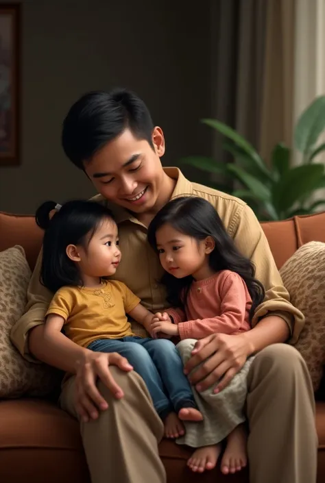 portrait of a small Indonesian family consisting of a 35 year old father and two daughters aged s and s sitting on the sofa