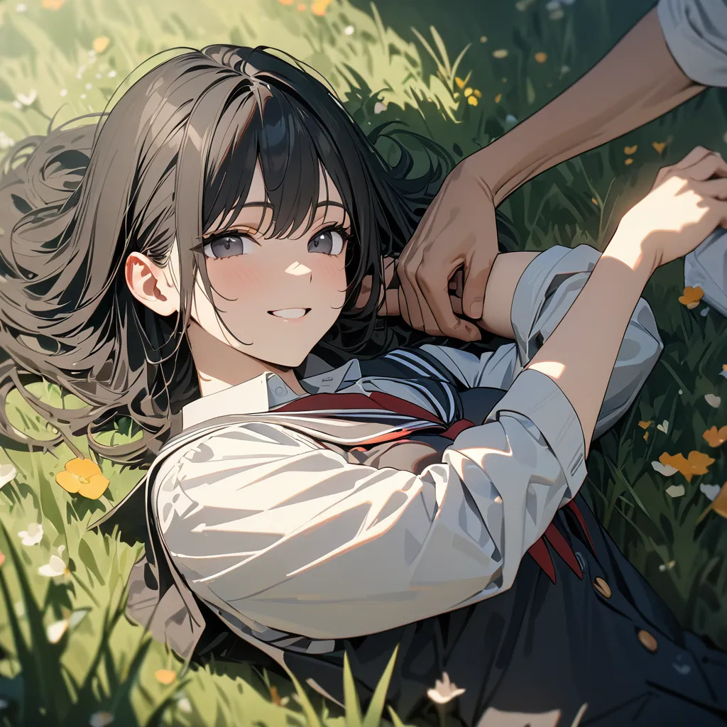 (Best Quality),(masterpiece),(Super detailed),(8k),(32K),( COMPLETE ANATOMY),(Perfect hands),( One Man)、 black eyes、Short black hair、smile、school uniform, Lying on Grass  