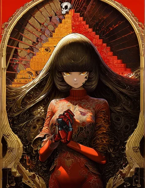 redいキャンバスになめらかな白い線を使って、    1 Human Woman     、    tubes to the wall using smooth white lines on a red canvas
Beautiful work by Katsuhiro Otomo 、Long black hair、pray、 Mechanical Hand 、 red turtleneck tight、skull
(color ink painting by  Katsuhiro Otomo, Moeb...