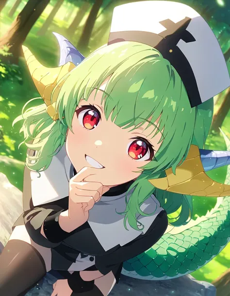 absurdres,masterpiece,best quality,source anime, rating_safe,portrait,dynamic angle,portrait,dynamic posing,dragon AND girl,grin,looking up,sitting on rock,hand on chin,1girl,cute,kawaii,parly,solo,BREAK (black nurse costume),cap,perfect clothes,green hair...