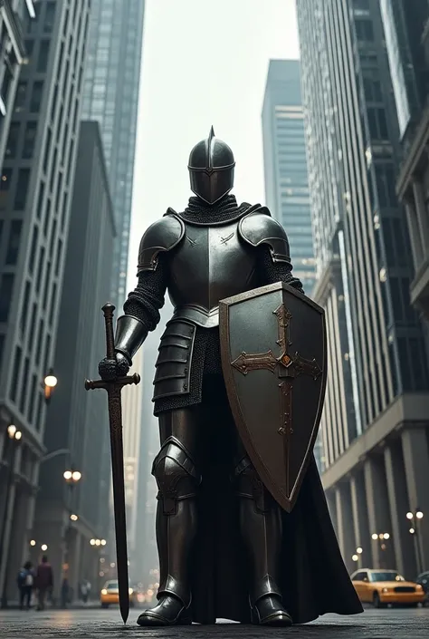 In the middle of a modern neighborhood with very tall buildings, a knight in medieval full armor 