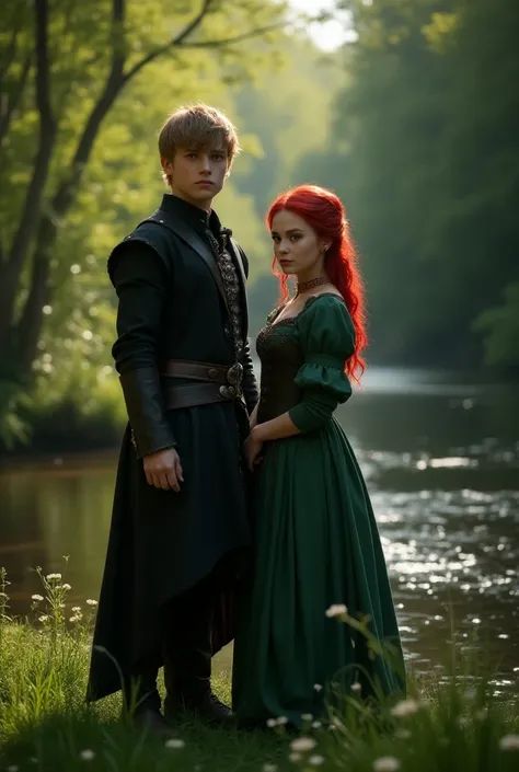   A young blond man in dark clothes and a young red-haired girl in a vintage green dress are standing on the grass,  on the bank of a stream in the woods ,  portrait of Elsa Alfelt , pexels, renaissance,  still from a science fiction film , from The Witche...