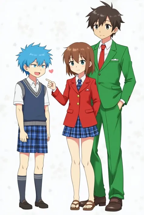 Anime boy in a Blue Plaid skirt and short sleeve uniform top with blue hair and an anime girl in a Red jacket and another boy in a green suit 