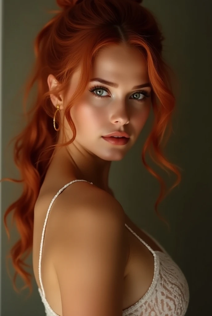 (Realistic photo of a beautiful woman, 20s, grey eyes, full full lips, red hair, curls, pony tail, tanned skin, jewellery, realistic, soft lighting, professional photography, photorealistic, detailed, RAW, sharp focus, ultra-high resolution, best quality, ...