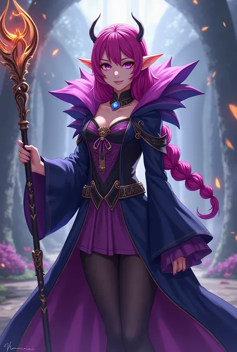 Anime Princess Merlina, magenta hair, holding staff, pointy ears, braid wearing a Massive Purple popped collar polo