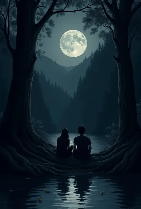 Very easy drawing that can be drawn by a elementary student " a night scene. Two figures, a man and a woman, are sitting closely together, leaning against thick tree trunks on the steep banks of a river called the waig. The river is dark and deep, almost a...