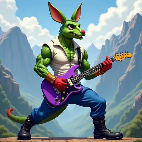 A green muscular kangaroo furry jock in gold bracelets , wearing black boots , wearing blue pants ,  in a white zippered sleeveless sweater , wears red gloves to play purple guitar against the backdrop of mountains