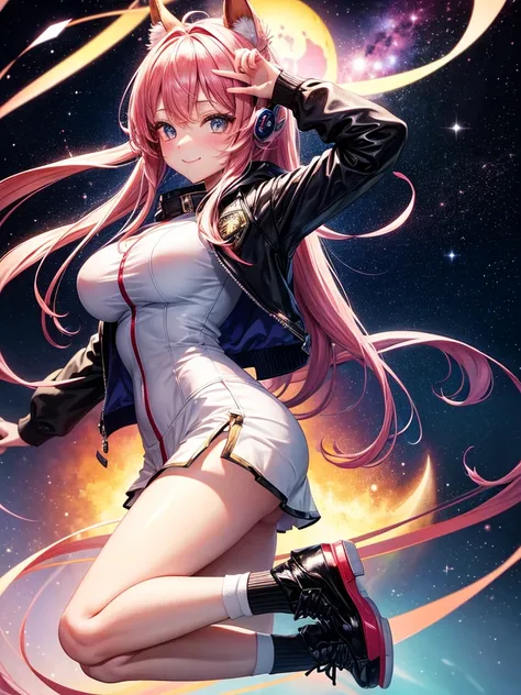  female middle school student，smile，beautiful女の子，ＳＦGirls of the World，Space Girl， Hair Hanging Over Her Ears ，So beautiful，Super cute girl， Infinite Fashion ，A beautiful girl of a high order，future，leather jacket in endless colors， space cardigan， long hai...