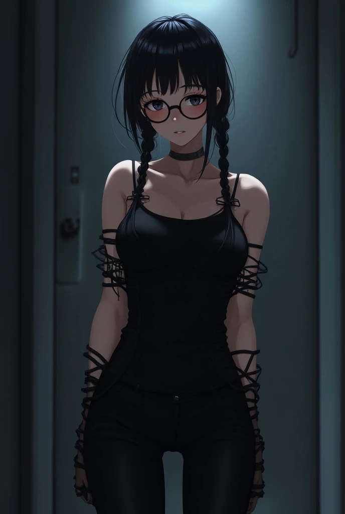 A striking anime illustration of a beautifully detailed girl with black braided hair and round glasses, clad in a black bodysuit and pants. Set against a moody, dimly lit backdrop, her dark eyes peer captivatingly at the viewer. The composition highlights ...