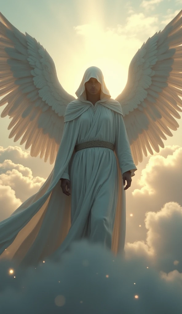  A majestic angel with large white wings wears immaculate clothes and a dark cape that covers your head , creating an air of mystery.  quality It floats in a breathtaking heavenly setting ,  with brilliant clouds and soft rays of light illuminating the env...