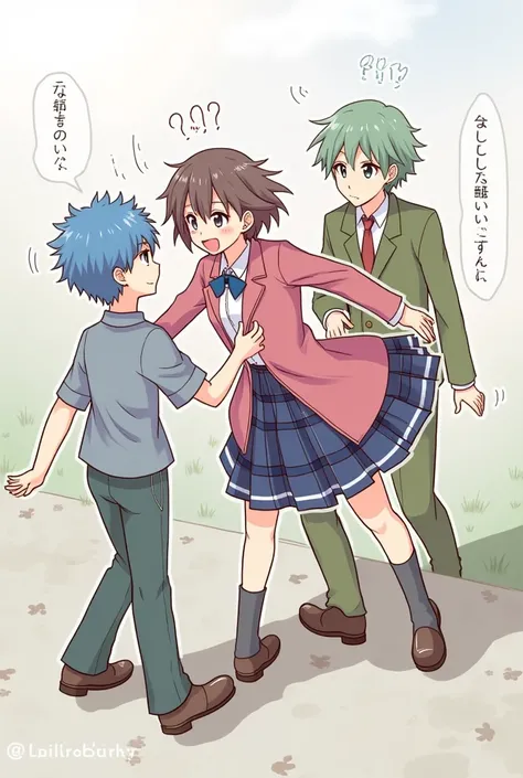 Anime boy in a Blue Plaid skirt and short sleeve uniform top with blue hair and an anime girl in a Red jacket and another boy in a green suit 