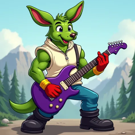 A green muscular kangaroo furry jock in gold bracelets , wearing black boots , wearing blue pants ,  in a white zippered sleeveless sweater , wearing red gloves, he plays a purple guitar against the backdrop of mountains in cartoon style