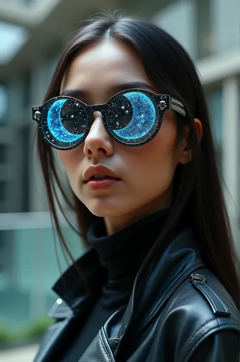 The model is wearing sunglasses with stars and the moon on the glass.