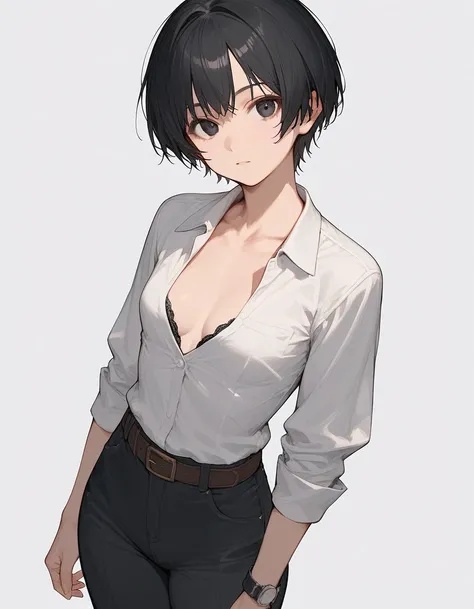 close up, score_9, score_8_up, score_7_up, 1girl, adult woman, black hair, (((very short hair))), ((bang)), black eyes, wide hips, ((pose)), hips, (((hands))), fingers, white office shirt, Anatomically correct, black pants,(lace bra:0.7), (((small breast))...