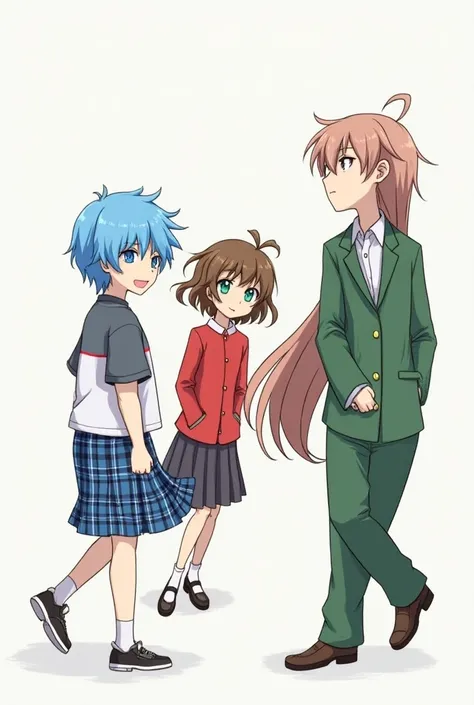 Anime boy in a Blue Plaid skirt and short sleeve uniform top with blue hair and an anime girl in a Red jacket and another boy in a green suit 