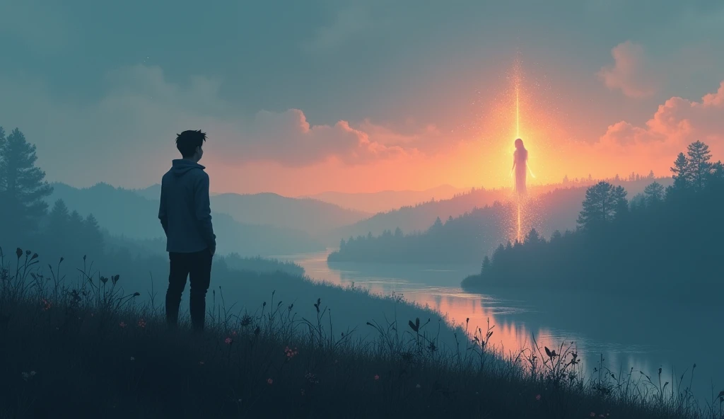 A peaceful evening sky with a soft, warm twilight glow casts gentle light over a quiet, empty landscape. A figure, possibly a young man, stands alone on a grassy hill or by a riverbank, gazing out toward a distant, barely visible figure of a woman on anoth...