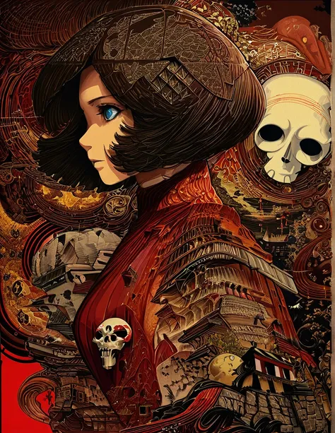 redいキャンバスになめらかな白い線を使って、    1 Human Woman     、    tubes to the wall using smooth white lines on a red canvas
Beautiful work by Katsuhiro Otomo 、Long black hair、pray、 Mechanical Hand 、 red turtleneck tight、skull
(color ink painting by  Katsuhiro Otomo, Moeb...