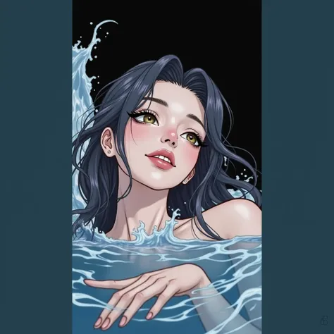 Features like the photo reference, Manhwa style, Siren gills replace human ears, in the water looking elsewhere, Majestic, Fair skin, Smiling