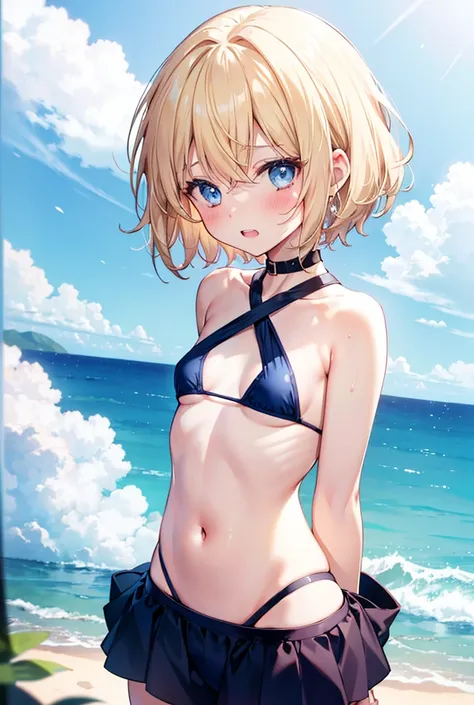  1 girl,  Blushing ,  shortcuts,Short Hair, Blonde,  bangs between eyes ,  blue eyes,  show your teeth and laugh , navy blue metallic micro bikini,Character portrait, Hi-Res,  Minimalist , Very small breasts, wide angle shot,Rear view