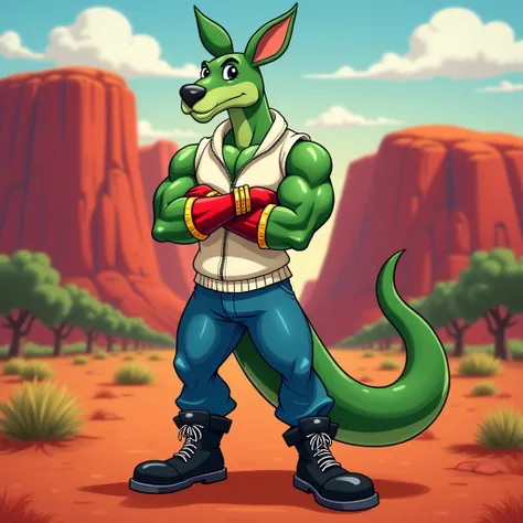 A green muscular kangaroo furry jock in gold bracelets , wearing black boots , wearing blue pants ,  in a white zippered sleeveless sweater , wearing red gloves, standing with arms crossed over his chest against the backdrop of a red mountain in Australia ...