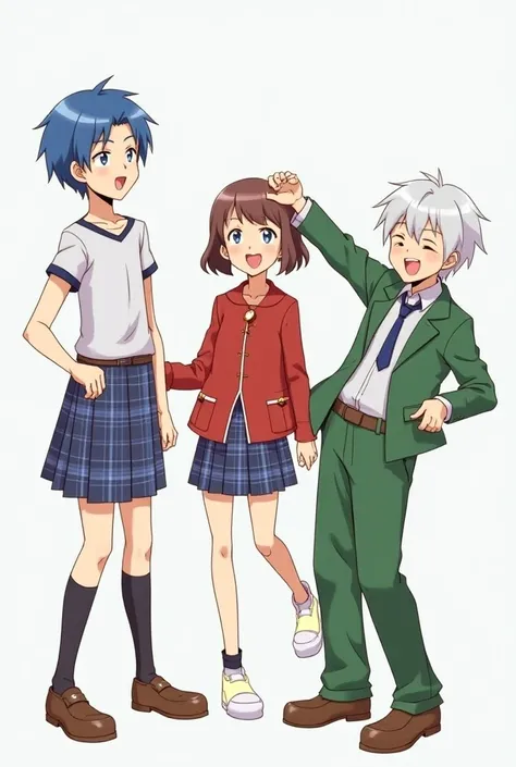 Anime boy in a Blue Plaid skirt and short sleeve uniform top with blue hair and an anime girl in a Red jacket and another boy in a green suit 