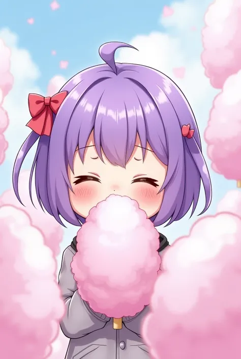 The girl chibi with short purple hair ate cotton candy.