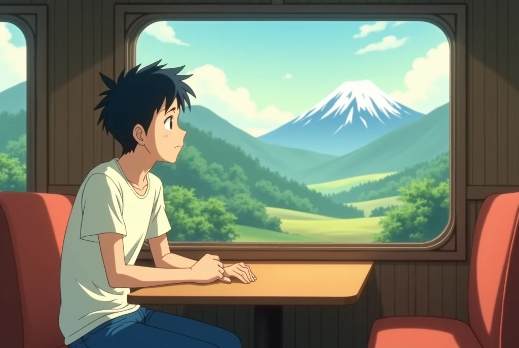 DVD screenshot from the 1992 anime .  A guy in a white t-shirt and blue pants is sitting at a table on a train car and looking out the window,  showing the morning mountain landscape . Anime style, anime, Ghibli,  close-up.