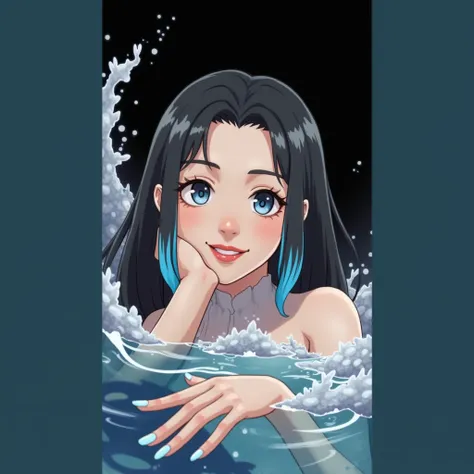 Features like the photo reference, Black hair with blue highlights is very important, Manhwa style, Siren gills replace human ears, in the water looking elsewhere, Majestic, Fair skin, Smiling