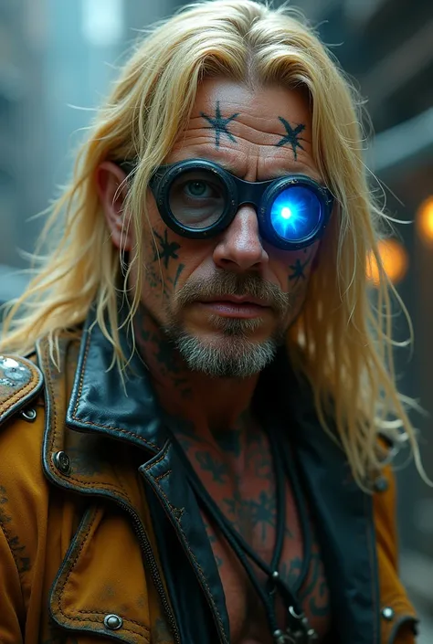 western man, late thirties, blonde long hair, blue eyes, lots of tattoos everywhere, lots of scars, face piercings, cyberware hand. wearing flat jacket cyberpunk fashion, boots, muscles, open jacket. setting; cyberpunk, future, space, colonies. gangster. h...