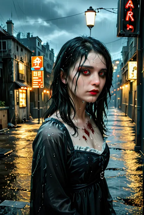 a hoard of zombie with  dark alleyway, monstrous, film noir, horror, masterpiece,(best quality,8k,highres,hyperdetailed),(realistic,photorealistic,photo-realistic:1.37),dark lighting,chiaroscuro,moody atmosphere,dramatic shadows,ominous clouds,rain,wet asp...