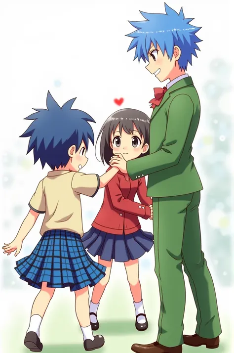 Anime boy in a Blue Plaid skirt and short sleeve uniform top with blue hair and an anime girl in a Red jacket and another boy in a green suit 