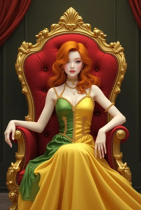 Like this but she sitting in a golden chair the dress is royal white with yellow with combination of royal green,red, her skin is white her hair is color orange and her age is 18 and her eyes is blue with name WHISPER HEARTS 