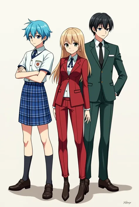 Anime boy in a Blue Plaid skirt and short sleeve uniform top with blue hair and an anime girl in a Red suit another boy in a green suit 