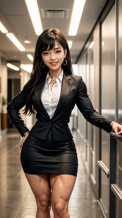 (Muscular:2.5), (thick thighs:2.4), 
(asian woman:1.5), (long hair:1.2), (blunt bangs:1.3),
((eyeshadow), earrings, red lips, beauty mark:1.6),
detailed eyes, (big smile:1.9), detailed skin,

(business suit:1.8), (neck tie:1.2), (black pencil skirt:1.7), (...