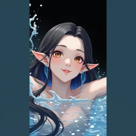 Features like the photo reference, Black hair with blue highlights is very important, siren brown eyes, Manhwa style, Siren gills replace human ears, in the water, Majestic, Fair skin, Smiling, bright ambiance