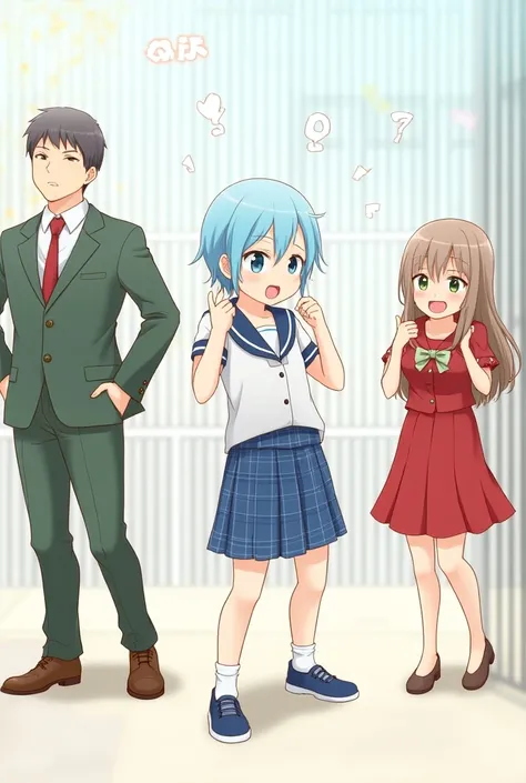 Embarrassed Anime boy in a Blue Plaid skirt and short sleeve uniform top with blue hair and an anime girl in a Red suit another boy in a green suit 