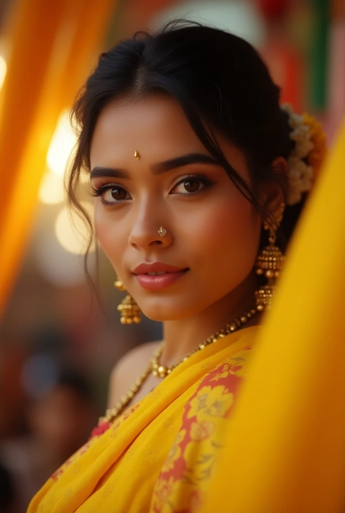 a RAW Photo of girl, (masterpiece:1.1), best quality, ultra high res, high detailed, (photorealistic:1.4), sharp, face detail, (eyebrow piercing:1.1), detailed eyes, detailed face, tied hair:1.2), (huge breasts:1.1), indian wedding in background ,yellow sa...