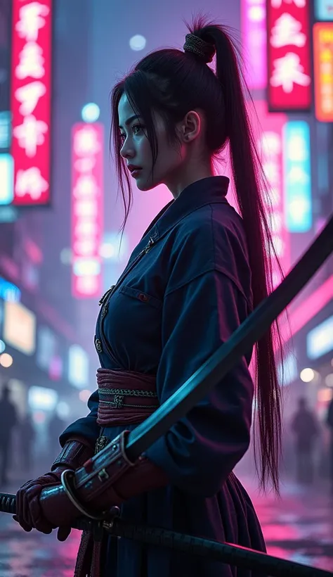 hyperrealistic, masterpiece,  best quality ,  high quality ,  extremely detailed CG Unity 8k wallpaper , beautiful female samurai with sword, neonlights