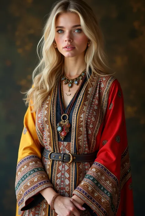 beautifull hot cat german blonde, robe kabyle, berber, amazigh dress, kabyledress, tizi ouzou, berber outfit, kabylegirl, bijoux, professional studio photo background, realistic, 4k